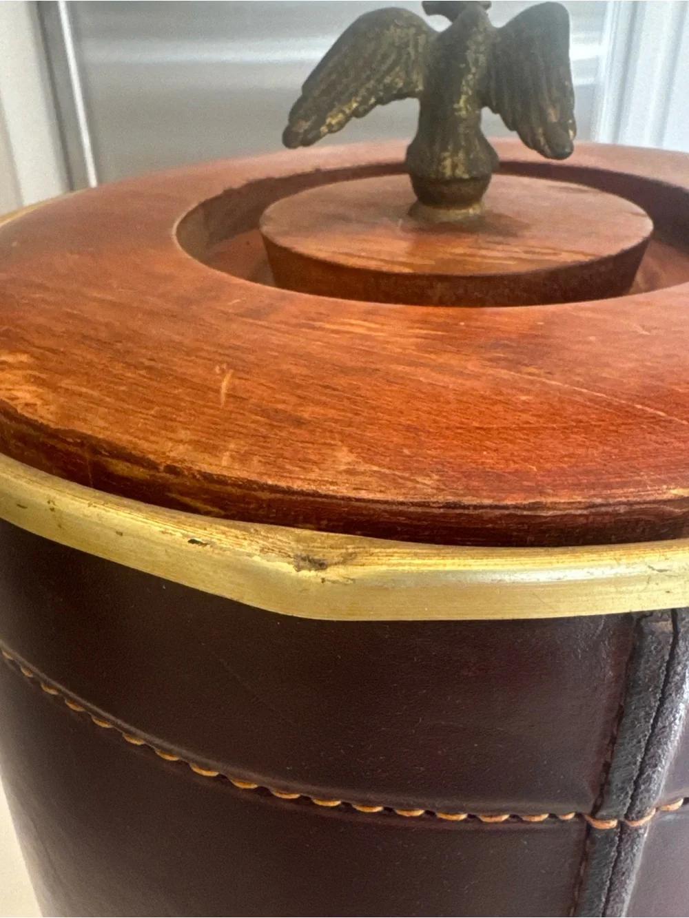 Brown Leather Barrel Ice Bucket with Eagle Finial